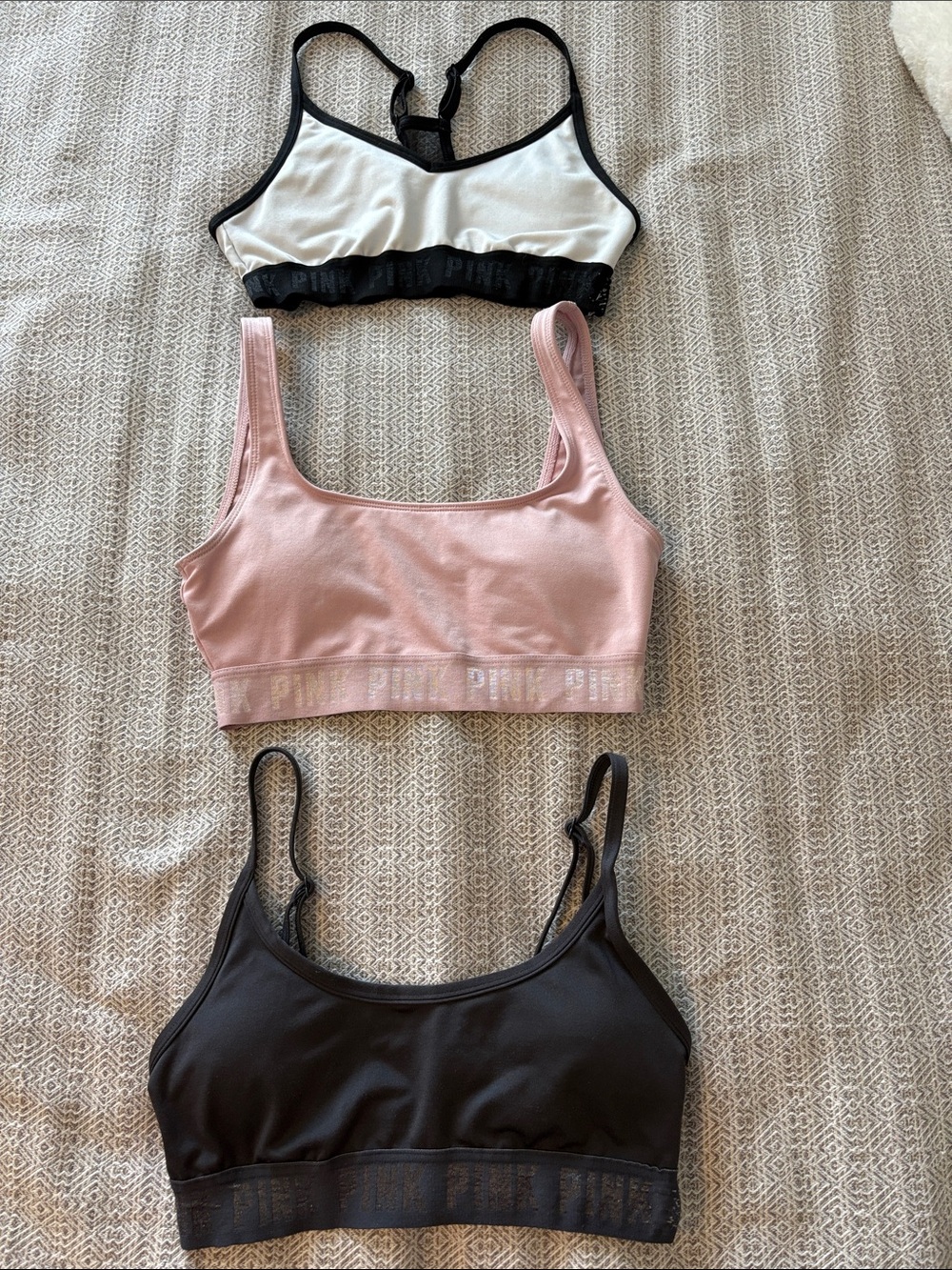 PINK Victoria's Secret Bralette Trio in Pink, Black & White, Dark Grey